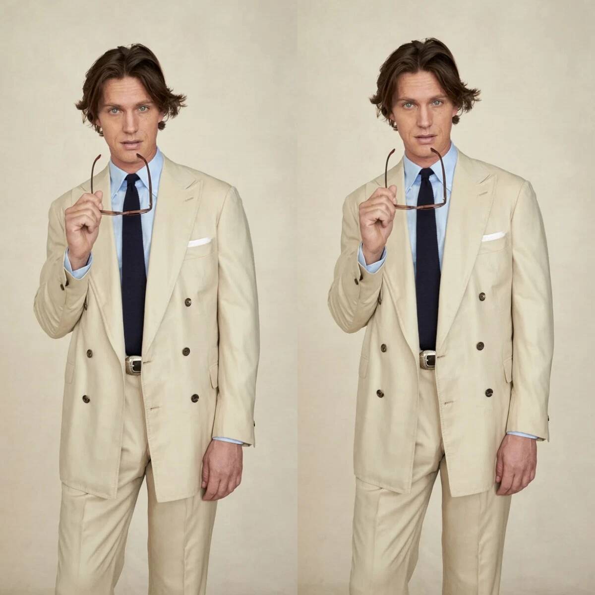 Tailored Trouser Wide - Beiger Zweireiher-Anzug mit Breitem Spitzrevers für