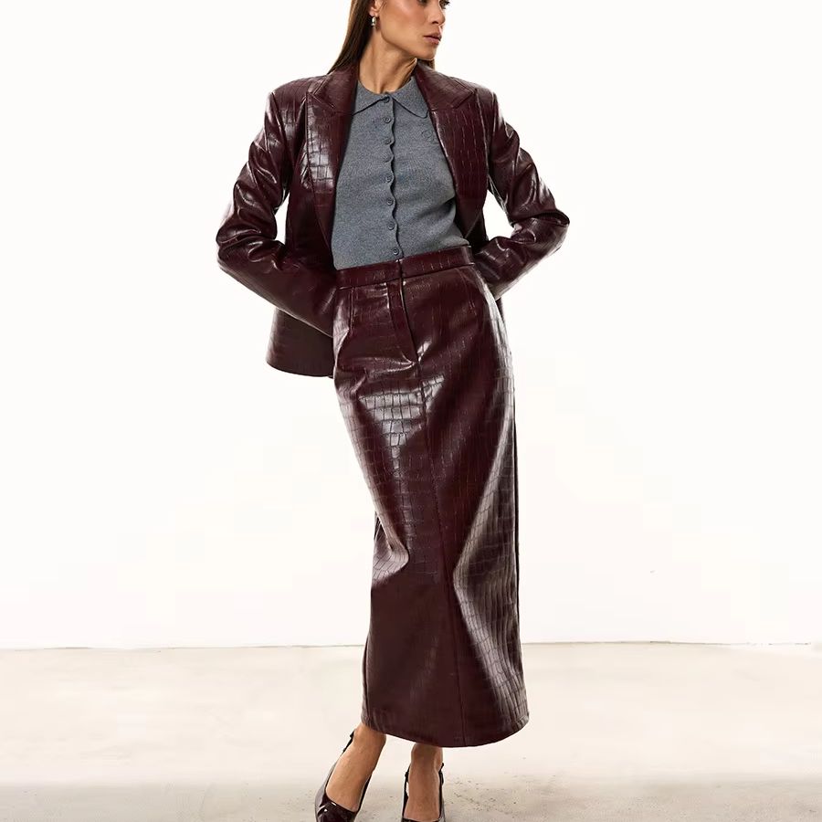 Formal Women'S Wear - IG Damen Burgunderrotes Kroko-Kunstleder 2-Teiliges Anzug-Set