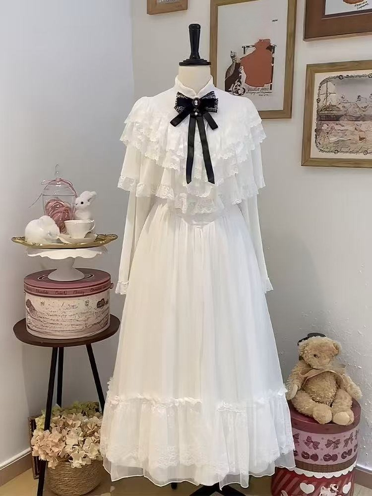 Formal Women'S Wear - Japanisches Kurzarm-Spitzenkleid mit Schleife, weiß, schmaler