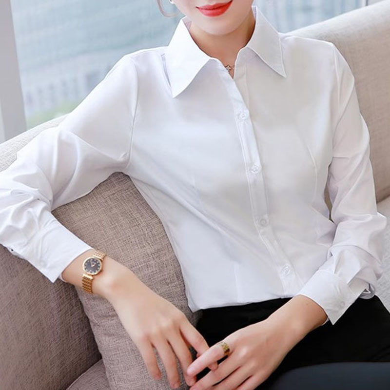 Women Formal Wear Korean - Weiße, schmal geschnittene, formelle Büroblusen für