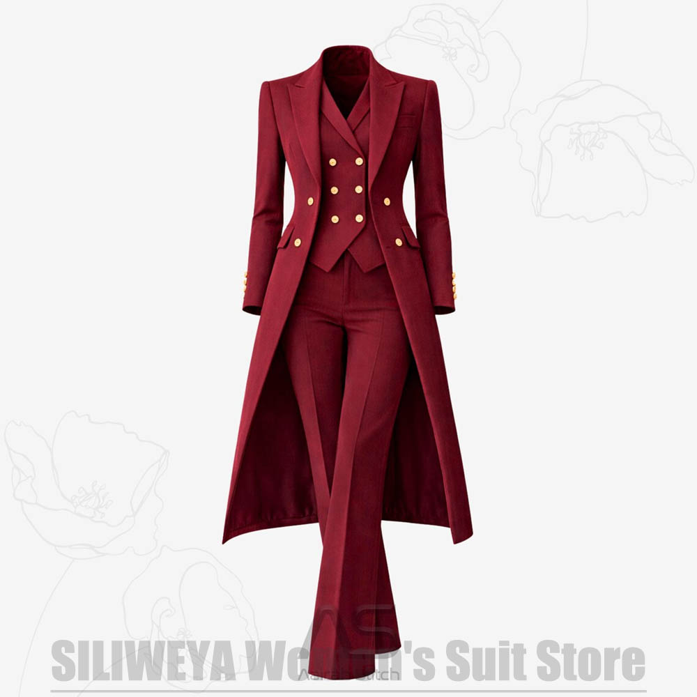 Women'S Formal Wear With Pants - Damenanzug 3-teilig Doppelreihiger Langer Mantel Weste