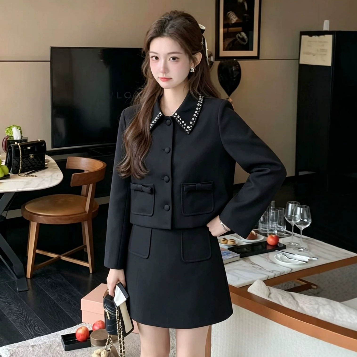 Women Formal Wear Korean - Elegantes, schmales zweiteiliges Set: einfarbige Jacke