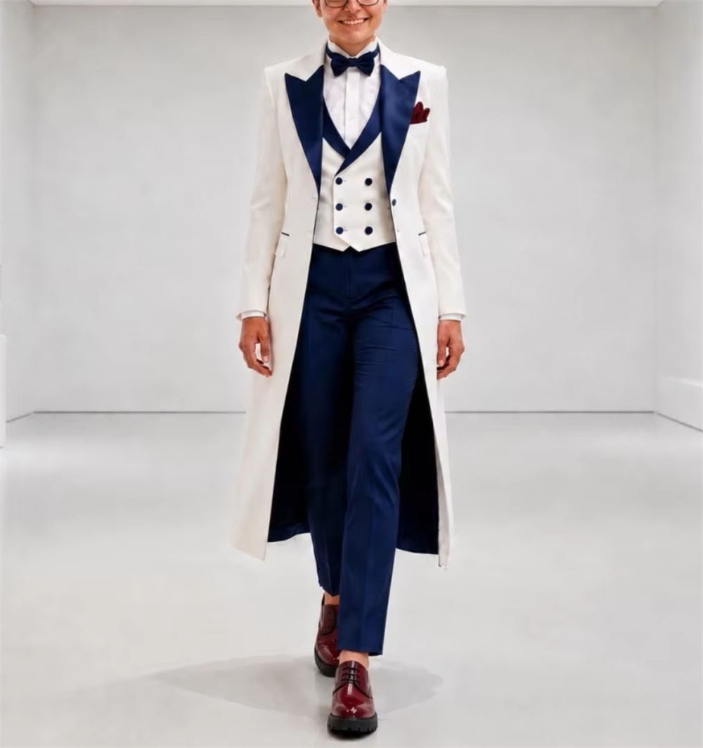 Formal Women'S Wear - Marineblau-weiße Damenjacke, elegante maßgeschneiderte Bürokleidung, Hochzeitsgast-Outfit,